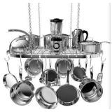 Hanging Pot Rack - Ceiling Mount Kitchen Organizer for Pots and Pans with 15 Hooks - 33 x 17 Inches Heavy-Duty, Durable and Space-Saving Pan Holder - Silver Colored Metal