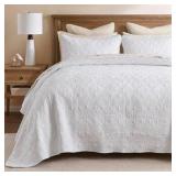 Reversible Quilt Set Damask Design, Double Sided Stitching All Season, Lightweight Bedspread Bedding Set, Matching Sham, White, Twin(81"x110") 2 Piece Fits a Twin Sized Mattress