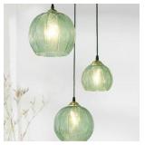 3-Light Glass Globe Light for Kitchen Island, Mid-Century Modern Pendant Ball C handelier with Green Ribbed Lampshade, Vintage Hanging Ceiling Light Fixture for Dining Room, Over Sink, Table
