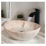 Oval Marbling Vessel Sink with Waterfall Faucet and Pop-up Drain Ceramic Bathroom Sink Above Counter Bowl Sinks for Bathrooms