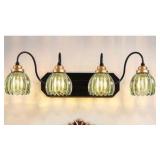 Vintage Bathroom Vanity Light, 4 Light Bathroom Lighting Fixtures Over Mirror, Mid Century Style Farmhouse Light Fixtures with Green Glass Shades, Black Finish Wall Mount for Bedroom , Living Room Ret