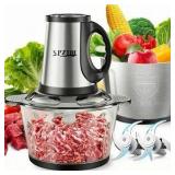 3-Speed Electric Food Processor: Meat Grinder, Vegetable Chopper & Baby Food Maker - 300W, 2 Bowls (8 Cup Stainless Steel+8 Cup Glass), Quiet Operation