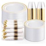 Gold Disposable Plates and Cutlery Set- 700 Pieces - Set for 100 people -  - Premium 10.25" Dinner Plates, 7.5" Dessert Plates, 9oz Cups & Cutlery for Weddings, Catering Events