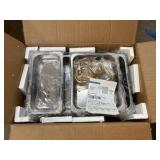 Chafing Dish Set, 4 Pack, Gold Handles Silver Trays, Box Says the Size for Each Chafing Dish is 60.5 cm x 41 cm x 32.5 cm (They’re measured in centimeters and not inches) Comes New in Open Box Condi