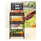 Fruit and Vegetable Stand with Wood Trays, Bakery Display Rack, Bread Display Shelf, 3-Tier Vintage Metal Design with Woodboard Signs, for Kitchen, Office, Store, Supremarket