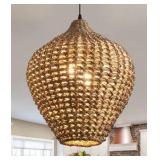 15.75" Rattan Pendant Light,2-Light Boho Hand Woven Coastal Wicker Hanging Ceiling Chandeliers,for Kitchen Island, Dining Room, Farmhouse,Foyer