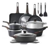 SENSARTE Pots and Pans Set Nonstick, 20 Pcs Induction Cookware Sets, Non-toxic Healthy Non Stick Kitchen Cooking Set with Stay-Cool Handles, PFOA PFOS Free, Black Color