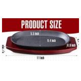 4 pc Oval Cast Iron Fajita Skillet Pan Set Small Sizzling Steak Plate with Wooden Base and Handle Cast Iron Fajita Skillet Sizzling Plate for Restaurant, BBQ, Wedding (9.5 in x 5.5 In)