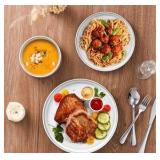 ANYU 18 Piece Dinnerware Sets for 6, Stoneware Dinner Plates and Bowls Set, Dishware Dish for Home Kitchen Dining, Rustic Terracotta Bottom, Dishwasher & Microwave Safe, Lucent White-Blue Accents Colo