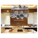 Hanging Pot Rack - Ceiling Mount Kitchen Organizer for Pots and Pans with 15 Hooks - 33 x 17 Inches Heavy-Duty, Durable and Space-Saving Pan Holder - Silver Colored Metal