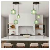 3-Light Glass Globe Light for Kitchen Island, Mid-Century Modern Pendant Ball C handelier with Green Ribbed Lampshade, Vintage Hanging Ceiling Light Fixture for Dining Room, Over Sink, Table