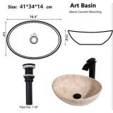 Oval Marbling Vessel Sink with Waterfall Faucet and Pop-up Drain Ceramic Bathroom Sink Above Counter Bowl Sinks for Bathrooms