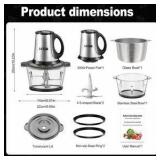 3-Speed Electric Food Processor: Meat Grinder, Vegetable Chopper & Baby Food Maker - 300W, 2 Bowls (8 Cup Stainless Steel+8 Cup Glass), Quiet Operation
