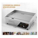 22 Inch 1600W Commercial Griddle with Stainless Steel Countertop, Flat Griddle, 122-572℉ Adjustable Temp Control of Electric Flat Top Grill for Cheese 、Steak and Egg Indoor and Restaurant