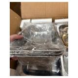 Chafing Dish Set, 4 Pack, Gold Handles Silver Trays, Box Says the Size for Each Chafing Dish is 60.5 cm x 41 cm x 32.5 cm (They’re measured in centimeters and not inches) Comes New in Open Box Condi