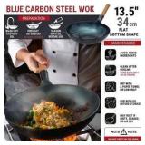 Yosukata Blue Carbon Steel Wok Pan, 13.5-inch Flat Bottom, Pre-Seasoned : Retail $107