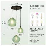 3-Light Glass Globe Light for Kitchen Island, Mid-Century Modern Pendant Ball C handelier with Green Ribbed Lampshade, Vintage Hanging Ceiling Light Fixture for Dining Room, Over Sink, Table