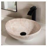 Oval Marbling Vessel Sink with Waterfall Faucet and Pop-up Drain Ceramic Bathroom Sink Above Counter Bowl Sinks for Bathrooms