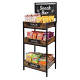 Fruit and Vegetable Stand with Wood Trays, Bakery Display Rack, Bread Display Shelf, 3-Tier Vintage Metal Design with Woodboard Signs, for Kitchen, Office, Store, Supremarket