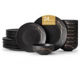 Dinnerware Sets for 8, Black & Gold Plates and Bowls Sets Matte Vein Dish Set, Modern Luxury Tableware Dinner Salad Plate bowl, for Home Wedding Party Gifts (24 Piece)