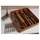 MISC VINTG KITCHEN UTENSIL SET WITH ANTIQUE ENAMIL BUTTER CUTTER