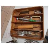 MISC VINTG KITCHEN UTENSIL SET WITH ANTIQUE ENAMIL BUTTER CUTTER