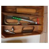 MISC VINTG KITCHEN UTENSIL SET WITH ANTIQUE ENAMIL BUTTER CUTTER