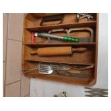 MISC VINTG KITCHEN UTENSIL SET WITH ANTIQUE ENAMIL BUTTER CUTTER