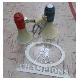 VINTAGE BLOW HORNS & METAL SIGN