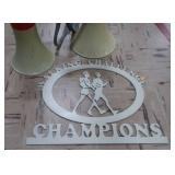 VINTAGE BLOW HORNS & METAL SIGN