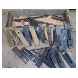 VINTAGE WOOD BOX FULL OF VINTAGE DOOR HANDLES, PLATES AND MORE