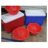 2 NICE COLEMAN COOLERS WITH 3 RED BOWLS