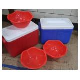 2 NICE COLEMAN COOLERS WITH 3 RED BOWLS