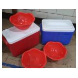 2 NICE COLEMAN COOLERS WITH 3 RED BOWLS