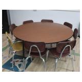ROUND WOODEN TABLE WITH 8 SCHOOL CHAIRS