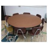 ROUND WOODEN TABLE WITH 8 SCHOOL CHAIRS