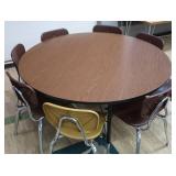 ROUND WOODEN TABLE WITH 8 SCHOOL CHAIRS