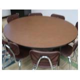 ROUND WOODEN TABLE WITH 8 SCHOOL CHAIRS