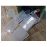 WOODEN SHELF WITH MISC PLASTIC SORTING TOTES/CONTAINERS