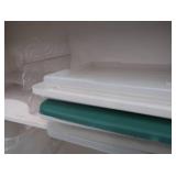 WOODEN SHELF WITH MISC PLASTIC SORTING TOTES/CONTAINERS