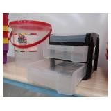 WOODEN SHELF WITH MISC PLASTIC SORTING TOTES/CONTAINERS