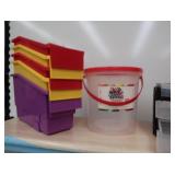 WOODEN SHELF WITH MISC PLASTIC SORTING TOTES/CONTAINERS