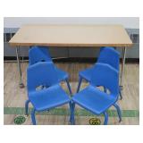 4 SMALL BLUE CHAIRS AND SMALLER WOOD RECTANGULAR TABLE