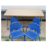 4 SMALL BLUE CHAIRS AND SMALLER WOOD RECTANGULAR TABLE