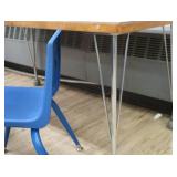 4 SMALL BLUE CHAIRS AND SMALLER WOOD RECTANGULAR TABLE