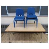 4 SMALL BLUE CHAIRS AND SMALLER WOOD RECTANGULAR TABLE