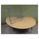 KIDNEY SHAPED TABLE AND BLUE METAL RACK