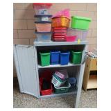 GRAY PLASTIC CABINET WITH PLASTIC TOTES