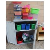 GRAY PLASTIC CABINET WITH PLASTIC TOTES
