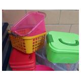 GRAY PLASTIC CABINET WITH PLASTIC TOTES